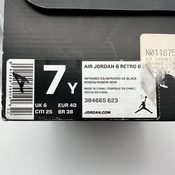 Air Jordan 6 Retro BG Infrared 23 Black Unisex  Sneakers 7Y 384665-623 W/Box
