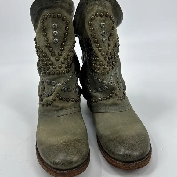 AIRSTEP 98 Women’s Studded Green Leather Ankle Slouch Convertible Boots 37 EUC