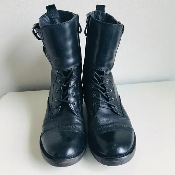 Alberto Fermani Black Lace Up Buckles Combat Moto Boots Size US 6 EU 36