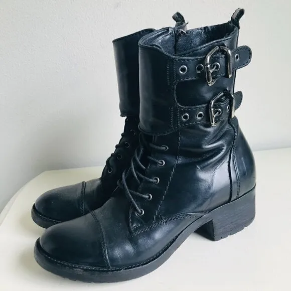Alberto Fermani Black Lace Up Buckles Combat Moto Boots Size US 6 EU 36