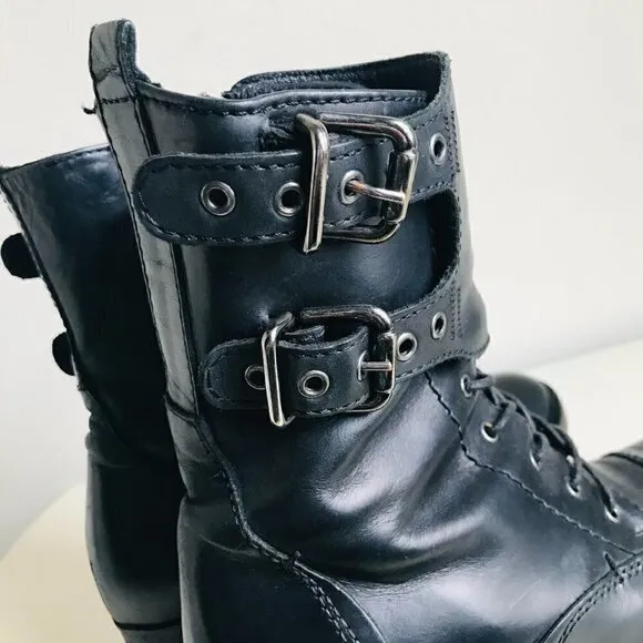 Alberto Fermani Black Lace Up Buckles Combat Moto Boots Size US 6 EU 36
