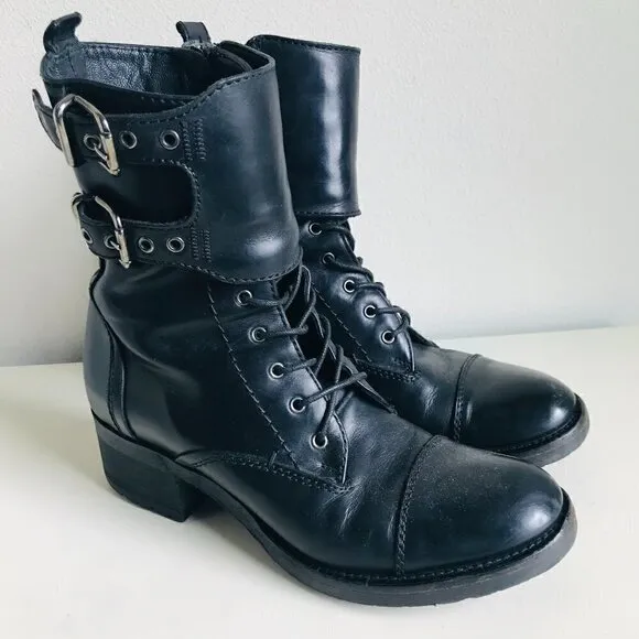 Alberto Fermani Black Lace Up Buckles Combat Moto Boots Size US 6 EU 36