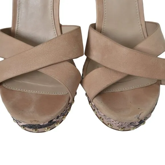 Aldo Hugs Snake Embossed Block Heel Sandal Bone Open Toe Size 7.5