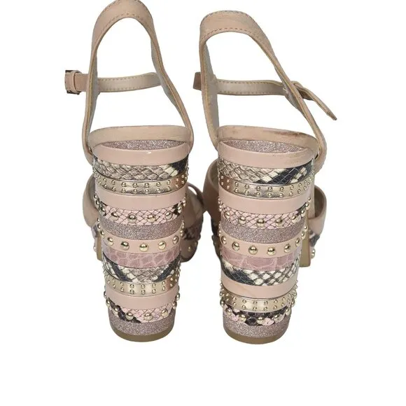 Aldo Hugs Snake Embossed Block Heel Sandal Bone Open Toe Size 7.5
