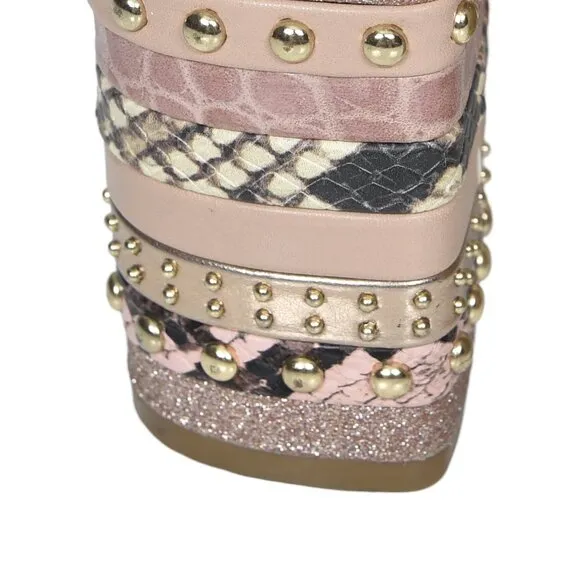 Aldo Hugs Snake Embossed Block Heel Sandal Bone Open Toe Size 7.5