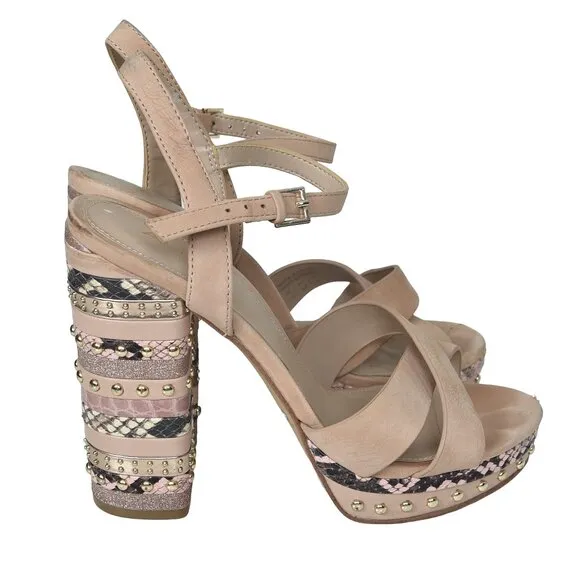 Aldo Hugs Snake Embossed Block Heel Sandal Bone Open Toe Size 7.5