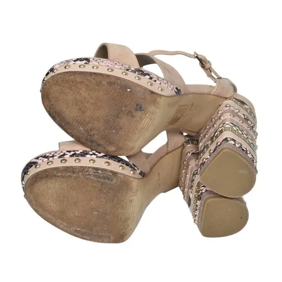 Aldo Hugs Snake Embossed Block Heel Sandal Bone Open Toe Size 7.5