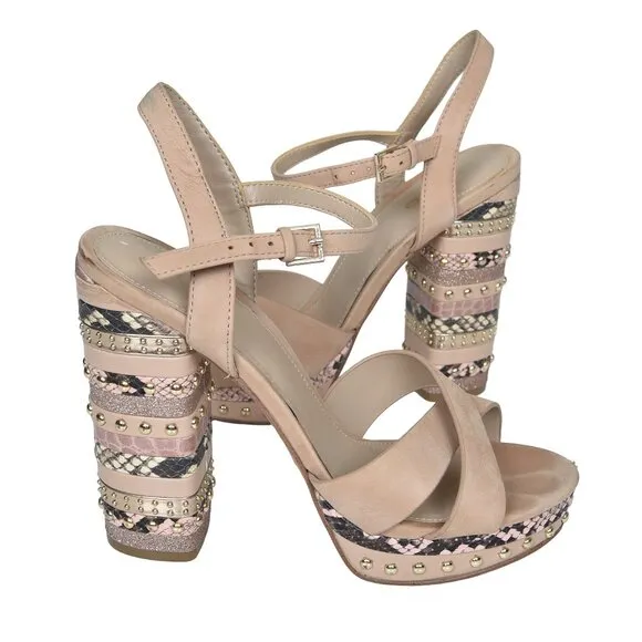 Aldo Hugs Snake Embossed Block Heel Sandal Bone Open Toe Size 7.5