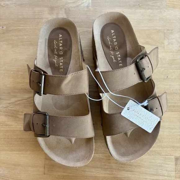 Altar’d State Serenna Platform Suede Sandals Size 8 Brown Boho Buckle Slides