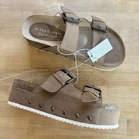 Altar’d State Serenna Platform Suede Sandals Size 8 Brown Boho Buckle Slides