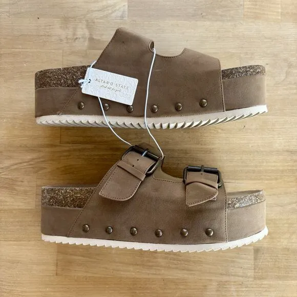 Altar’d State Serenna Platform Suede Sandals Size 8 Brown Boho Buckle Slides