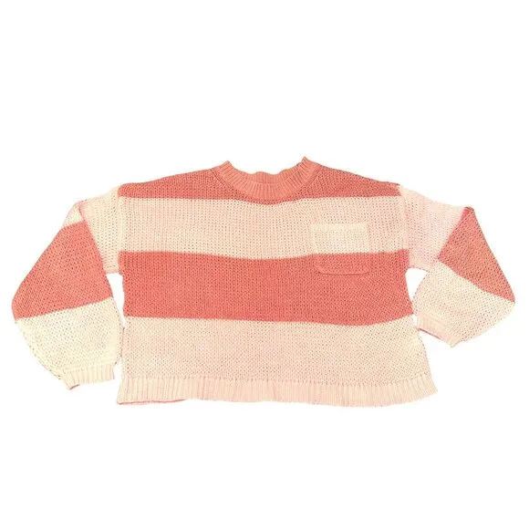 American Eagle Striped Knit Long Sleeve Sweater Pink Brown Cotton Acrylic Blend
