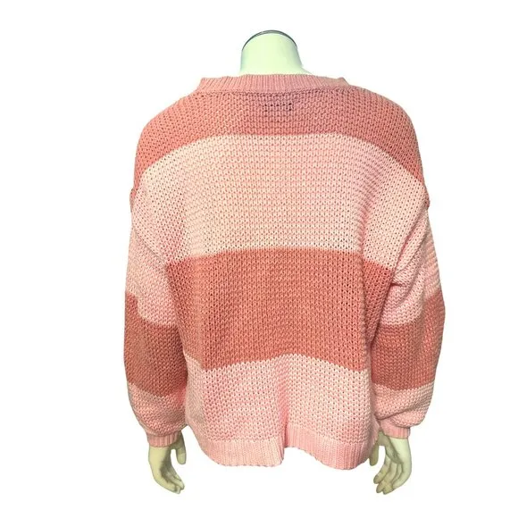American Eagle Striped Knit Long Sleeve Sweater Pink Brown Cotton Acrylic Blend