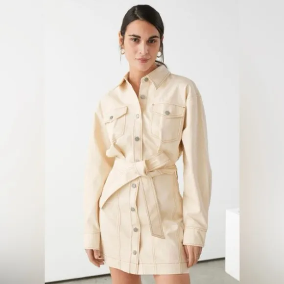 &amp; Other Stories Sz 4 NWT Hourglass Denim Belted Cream Mini Dress