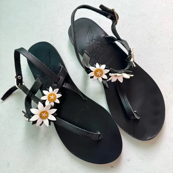 Ancient Greek Sandals Fabrizio Viti Sylvie Daisy Leather Sandals Black 38/8