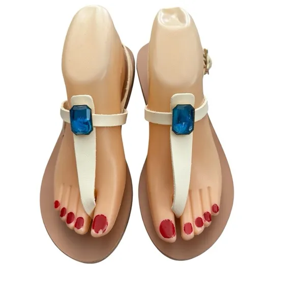 Ancient Greek Sandals Leather Cream Blue Jewel Accent Sz 8 EUR 38 Boho Gypsy