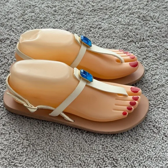 Ancient Greek Sandals Leather Cream Blue Jewel Accent Sz 8 EUR 38 Boho Gypsy