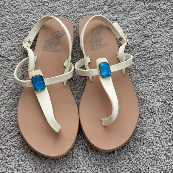 Ancient Greek Sandals Leather Cream Blue Jewel Accent Sz 8 EUR 38 Boho Gypsy