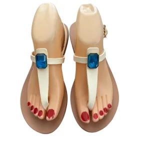 Ancient Greek Sandals Leather Cream Blue Jewel Accent Sz 8 EUR 38 Boho Gypsy