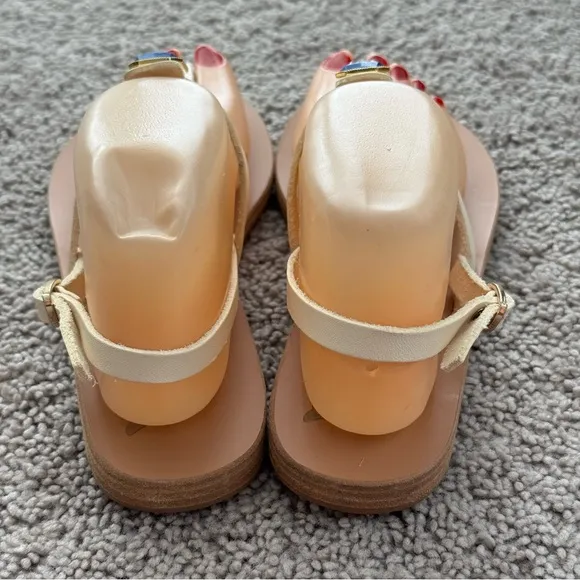 Ancient Greek Sandals Leather Cream Blue Jewel Accent Sz 8 EUR 38 Boho Gypsy