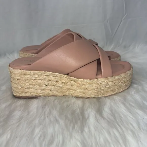 Andre Assous Women's Calesa Slide Sandals Blush Pink Leather/Raffia Sz 38/US 8