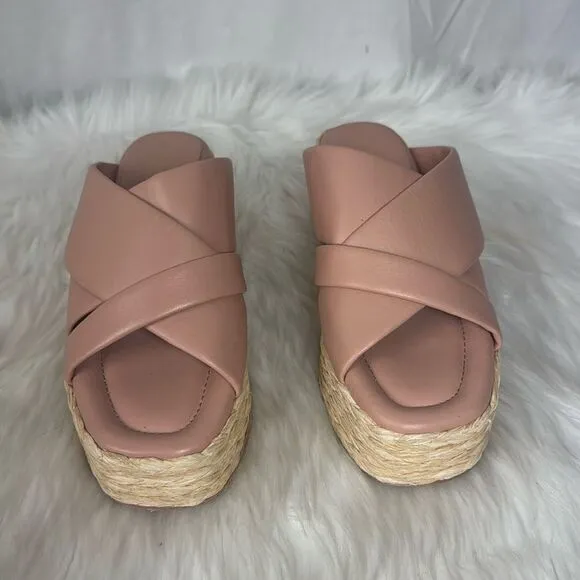 Andre Assous Women's Calesa Slide Sandals Blush Pink Leather/Raffia Sz 38/US 8