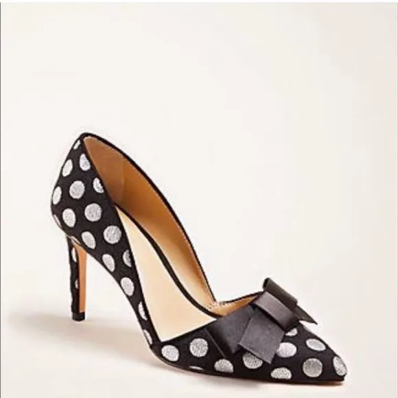 Ann Taylor Black Silver Polka Dot Bow Dress Formal Women's Heels Size 6