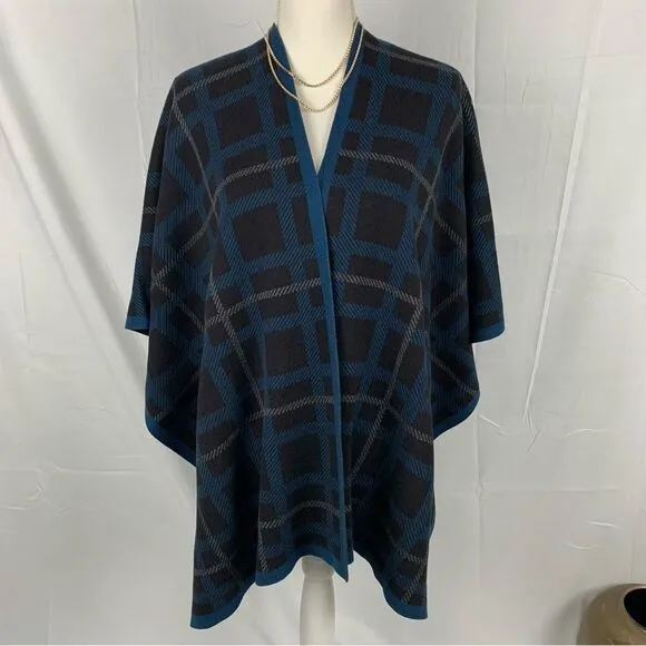 Anne Klein Blue Plaid Cape Sweater - Chic &amp; Cozy!