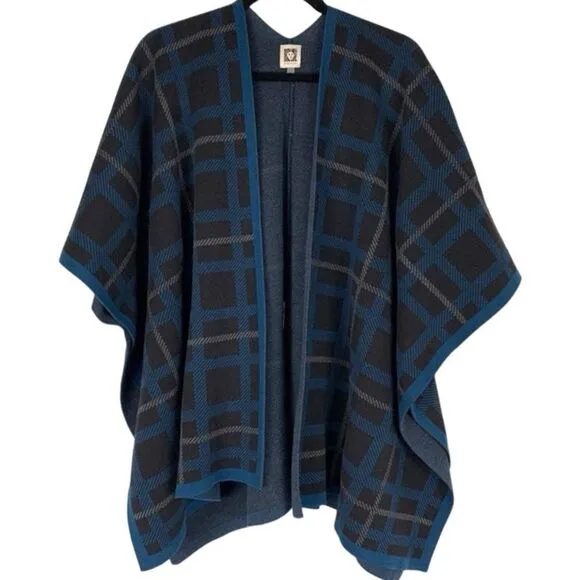 Anne Klein Blue Plaid Cape Sweater - Chic &amp; Cozy!