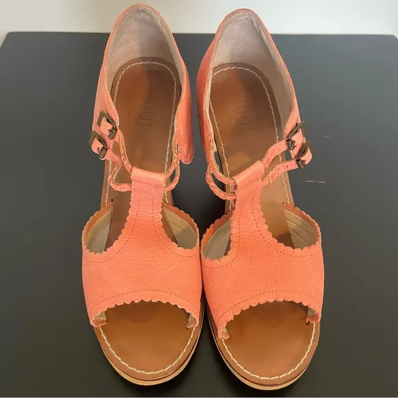 ANTHRO LATIGO Tiki Wood Sole Boho Platform Sandals - Coral Size 9.5