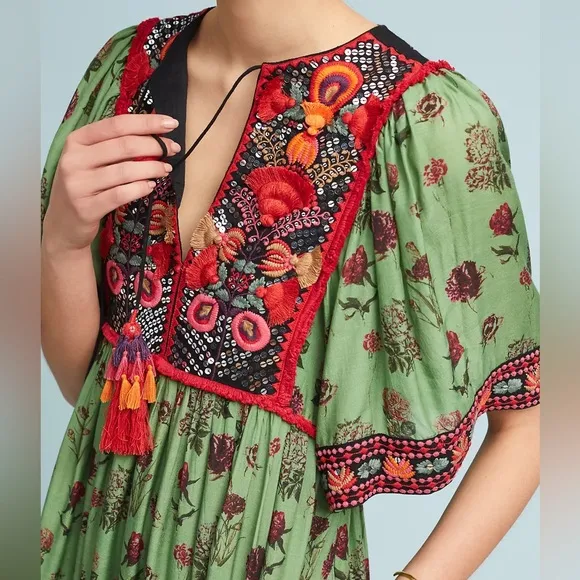 Anthropologie Basil Embroidered Maxi Dress Verb by Pallavi Singhee