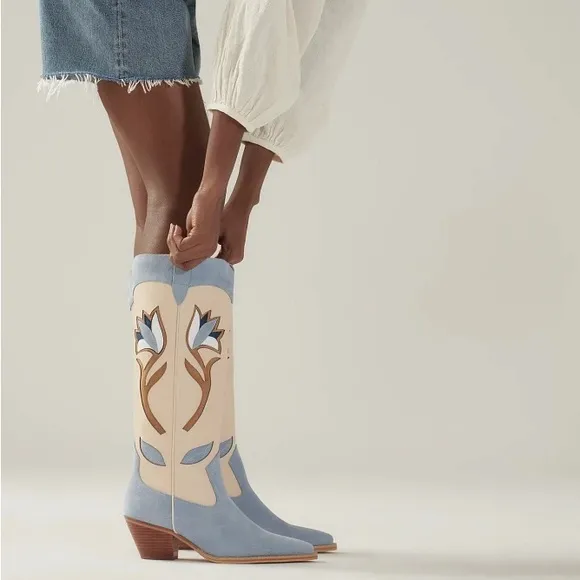 Anthropologie Blue and Cream Western Boots