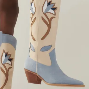 Anthropologie Blue and Cream Western Boots