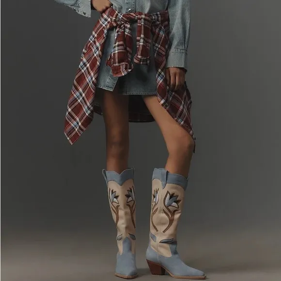 Anthropologie Blue and Cream Western Boots