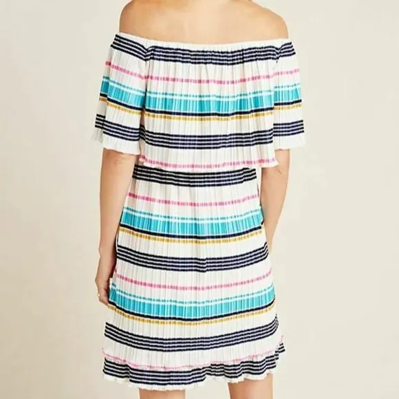 Anthropologie Boho ON Off Shoulder Mini Dress XL White Striped A-Line Pleated
