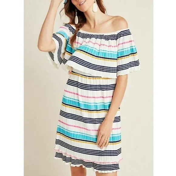 Anthropologie Boho ON Off Shoulder Mini Dress XL White Striped A-Line Pleated
