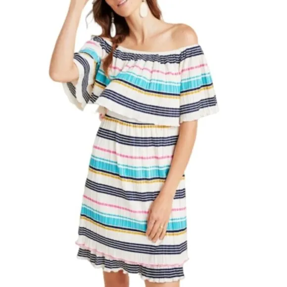 Anthropologie Boho ON Off Shoulder Mini Dress XL White Striped A-Line Pleated