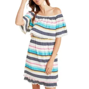 Anthropologie Boho ON Off Shoulder Mini Dress XL White Striped A-Line Pleated