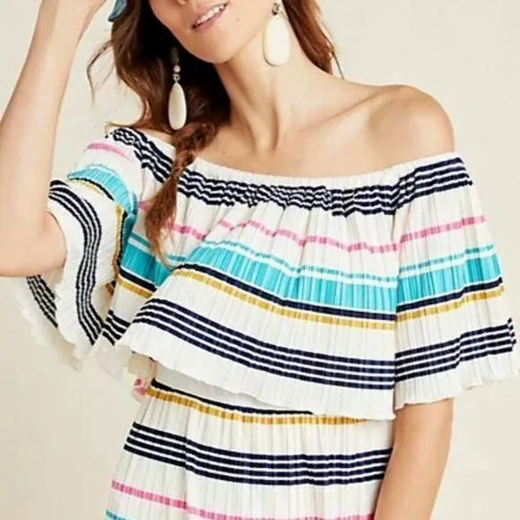 Anthropologie Boho ON Off Shoulder Mini Dress XL White Striped A-Line Pleated