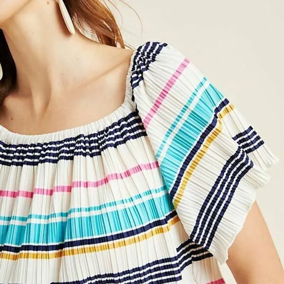 Anthropologie Boho ON Off Shoulder Mini Dress XL White Striped A-Line Pleated