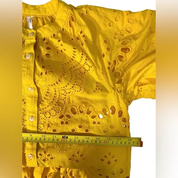 Anthropologie Boho Tallulah Puff Sleeve Eyelet Mini Dress in Mango Size XS