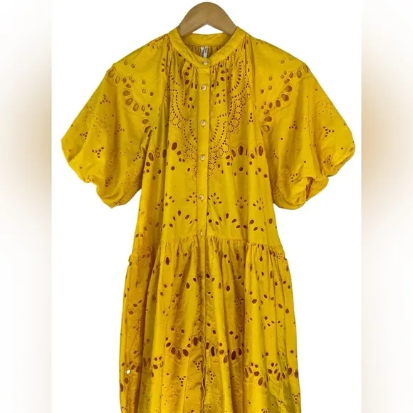 Anthropologie Boho Tallulah Puff Sleeve Eyelet Mini Dress in Mango Size XS