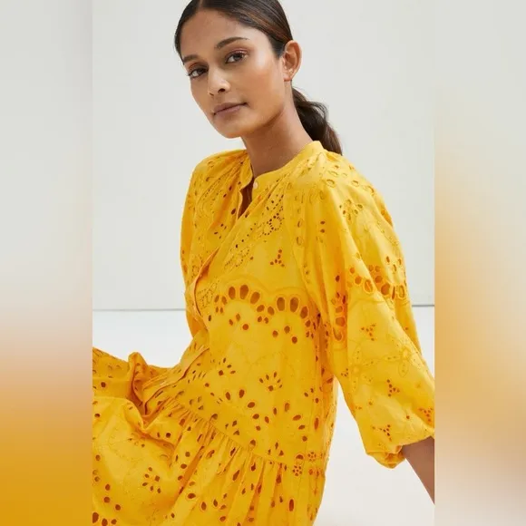Anthropologie Boho Tallulah Puff Sleeve Eyelet Mini Dress in Mango Size XS
