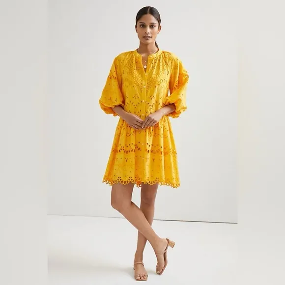 Anthropologie Boho Tallulah Puff Sleeve Eyelet Mini Dress in Mango Size XS