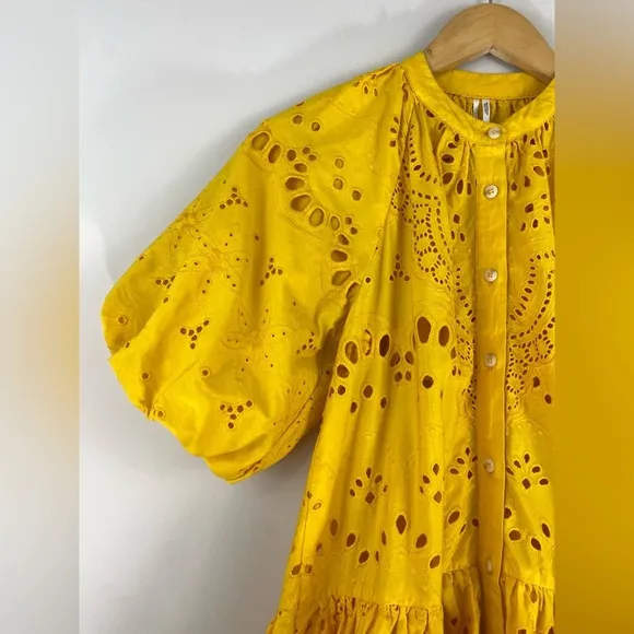 Anthropologie Boho Tallulah Puff Sleeve Eyelet Mini Dress in Mango Size XS