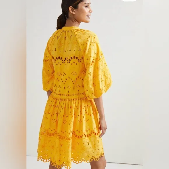 Anthropologie Boho Tallulah Puff Sleeve Eyelet Mini Dress in Mango Size XS