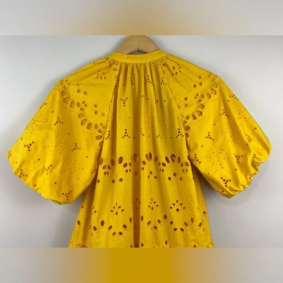 Anthropologie Boho Tallulah Puff Sleeve Eyelet Mini Dress in Mango Size XS