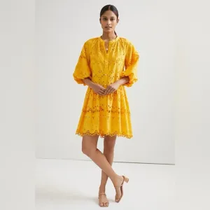 Anthropologie Boho Tallulah Puff Sleeve Eyelet Mini Dress in Mango Size XS