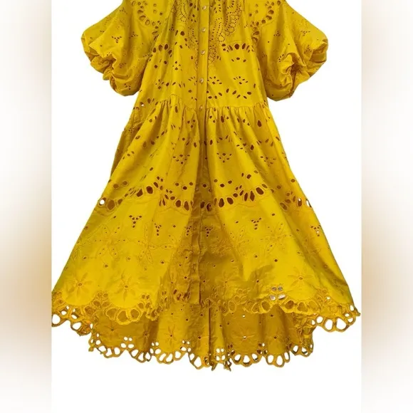 Anthropologie Boho Tallulah Puff Sleeve Eyelet Mini Dress in Mango Size XS