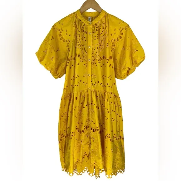 Anthropologie Boho Tallulah Puff Sleeve Eyelet Mini Dress in Mango Size XS